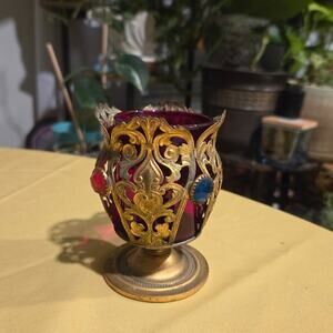 Vintage Baroque Brass Ruby Red Glass Candle Holder Votive Jar India Antique